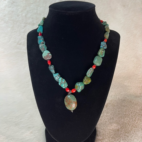 Statement Turquoise and Red Beaded Necklace - Picture 2 of 4